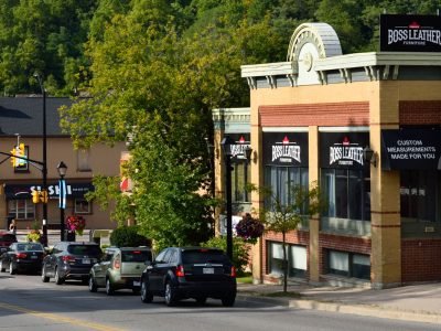 Downtown Bolton with local shops and traffic near SouthCal Homes in Caledon