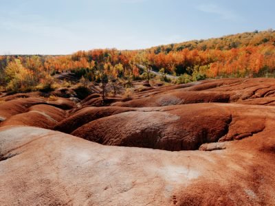 Scenic view of the Cheltenham Badlands in Caledon during fall, near SouthCal Homes